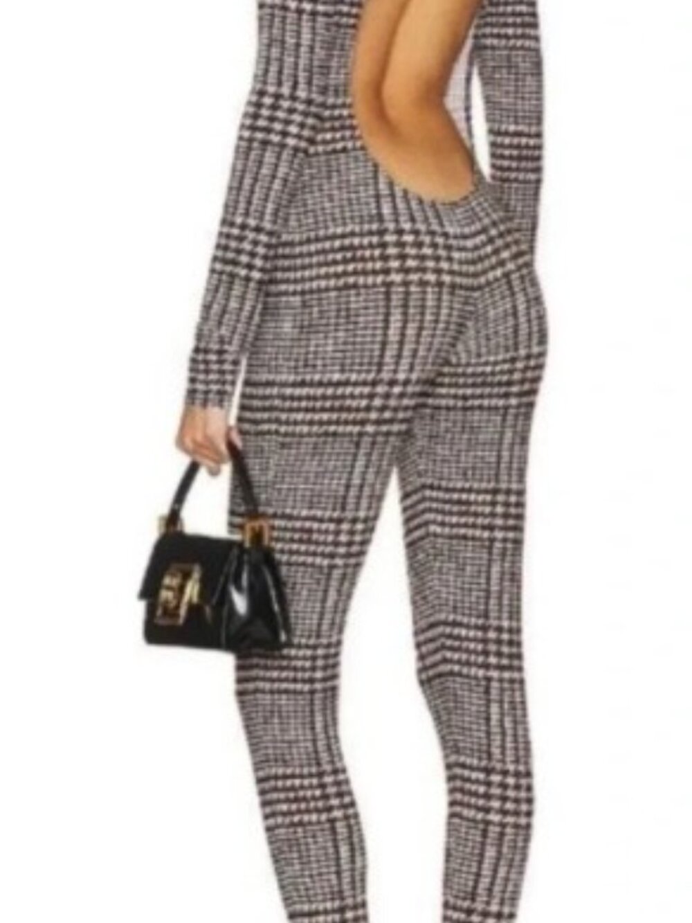 Norma Kamali Choc Glenn Plaid Tweed Catsuit Footsie Open Back Leotard sz XXS NWT - Picture 2 of 6